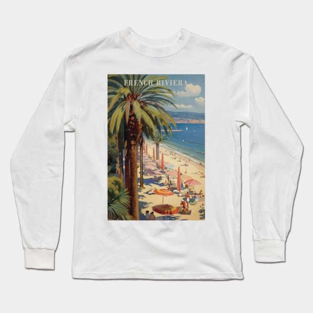 French Riviera, Vintage Travel Poster Long Sleeve T-Shirt by GreenMary Design